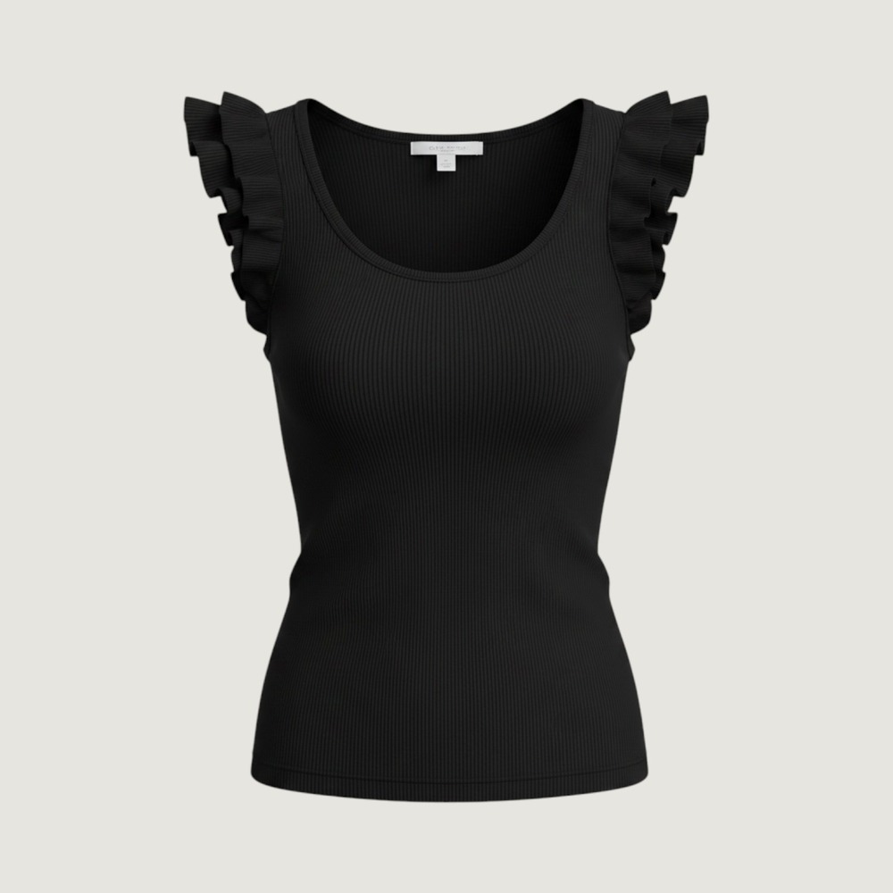 Old Navy Womens Black Ribbed Ruffle Shoulder Tank Top Scoop Neck Stretchy Cotton